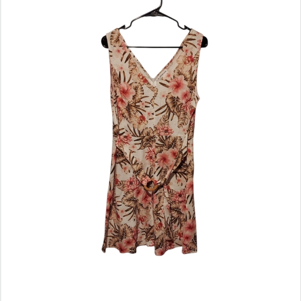 NWT Linen Blend Dress Floral M Belted Beachy Boho Coastal Garden Cottagecore Y2K